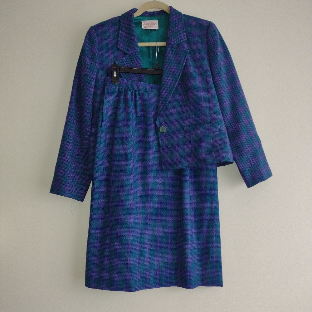 Vtg Pendleton Wool Pleated Tartan Plaid Wool Skirt Set Size 8 Purple Green Prep - Picture 2 of 6